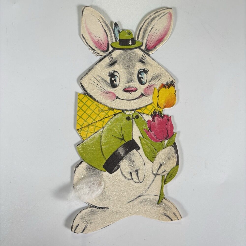 Vintage Anthropomorphic Bunny Easter Card Art Guild Die Cut Flocked Tail Glitter